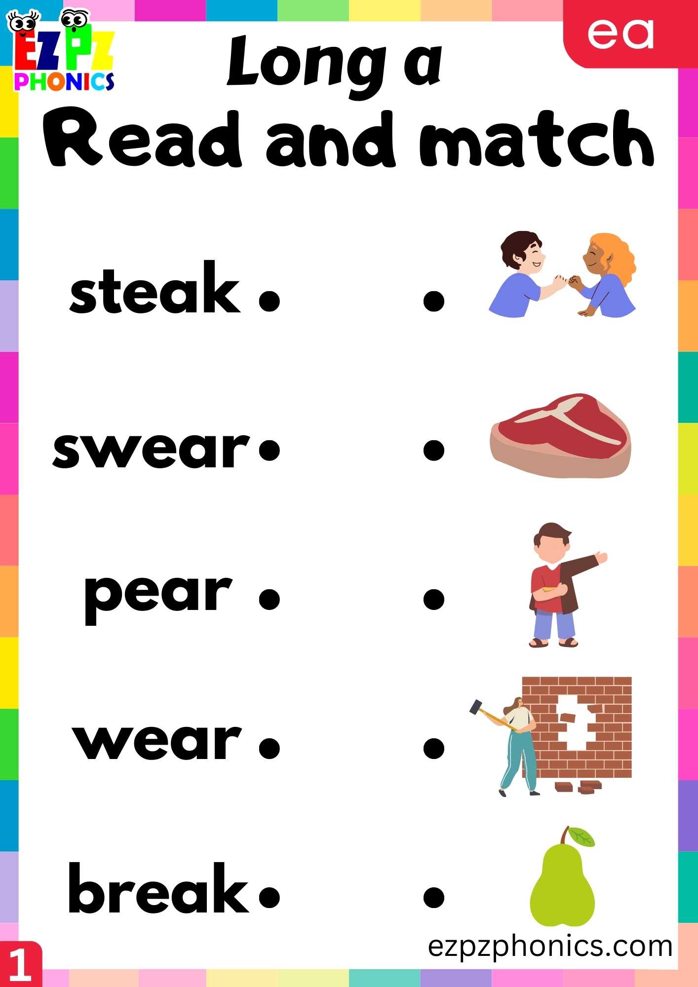 EA Words Read And Match Long A Phonics Worksheet
